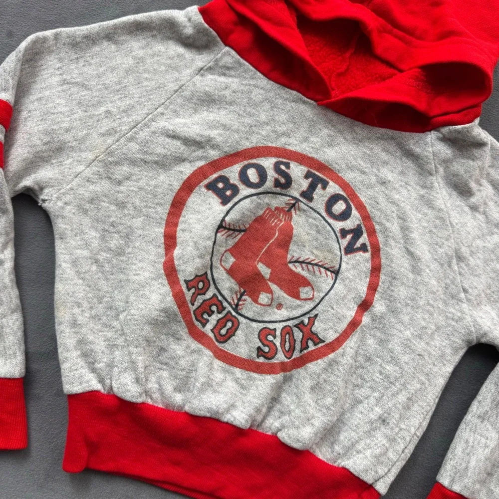 Vintage Boston Red Sox Youth Hoodie Gray Red Raglan Striped Sleeve Sweatshirt
